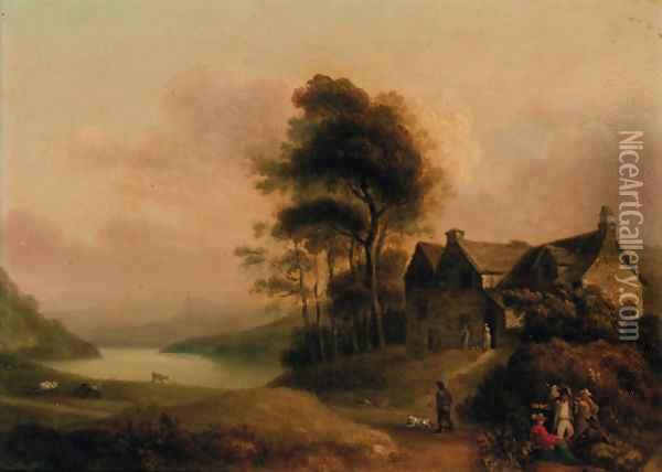Figures resting by a track before a cottage in a wooded lake landscape Oil Painting - English School