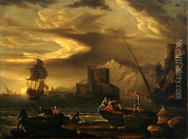 Vernet, His Style: A Sunset Coastal Scenery With Castle, Ships And Figures. Unframed Oil Painting - Claude-joseph Vernet