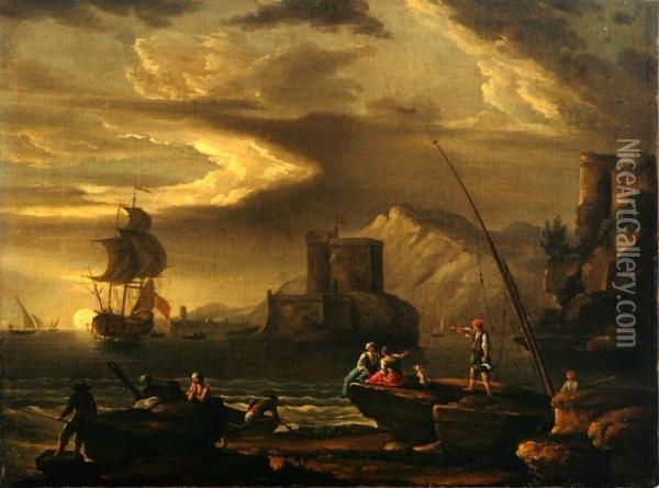 Vernet, His Style: A Sunset Coastal Scenery With Castle, Ships And Figures. Unframed Oil Painting - Claude-joseph Vernet