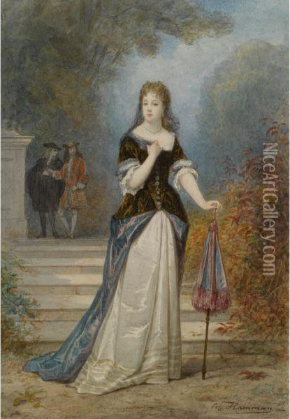 An Elegant Lady With A Parasol In A Park Oil Painting - Edouard J. Conrad Hamman