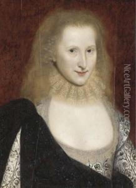 Portrait Of A Lady, Said To Be 
Anne Of Denmark, Half-length, In A White Embroidered Dress Oil Painting - Robert Peake