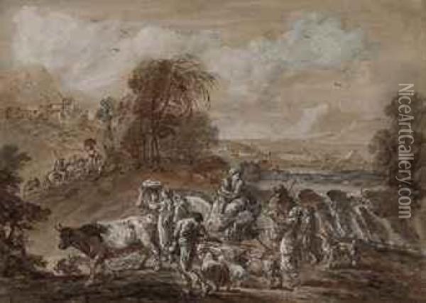 An Italianate Landscape With A Waterfall And Travellers Andl Ivestock Oil Painting - Francesco Zuccarelli