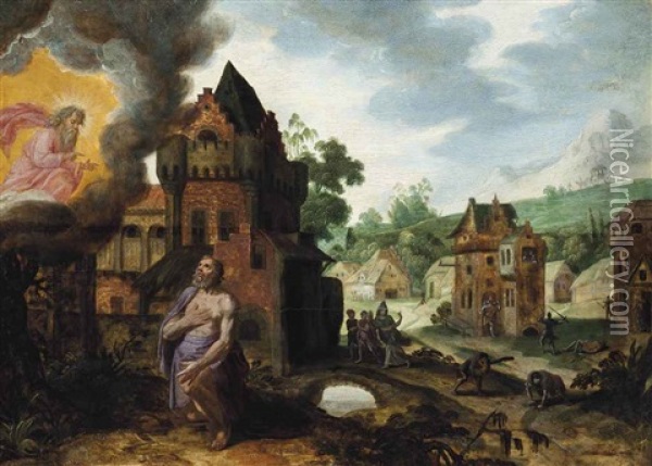 God The Father Appearing To Job, A Village Being Pillaged Beyond Oil Painting - Jan Pynas