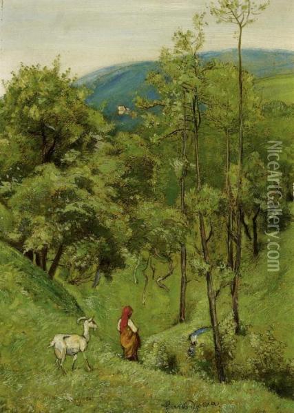 Shepherd Girl With A Goat In The Meadow Of Rolling Hills Oil Painting - Hans Thoma