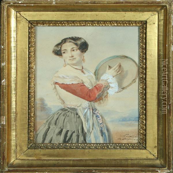 A Gypsy Woman Playing Tambourine Oil Painting - Achille Jacques Jean Marie Deveria