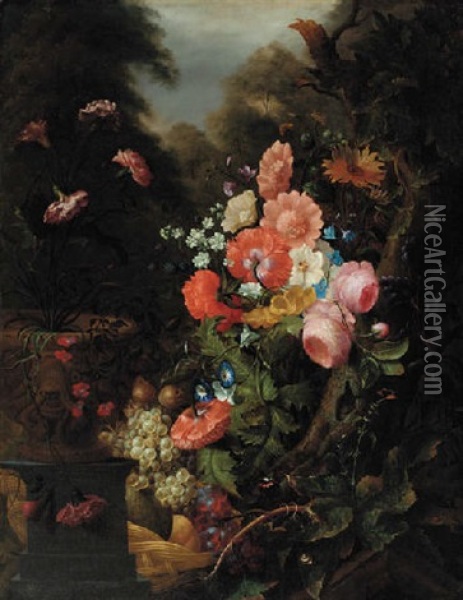 Roses, Carnations, Poppies And Other Flowers By A Tree Trunk, With Carnations In A Sculpted Flower Pot And Grapes And Other Fuits In A Basket, In A Garden Oil Painting - Pieter Gallis