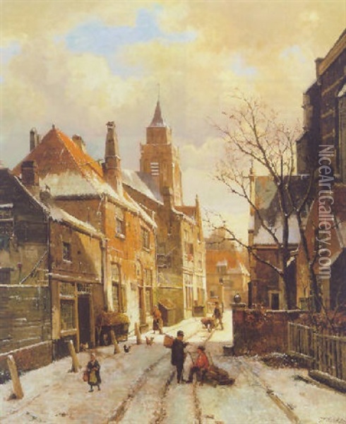 Figures In A Snowy Street In A Dutch Town Oil Painting - Willem Koekkoek