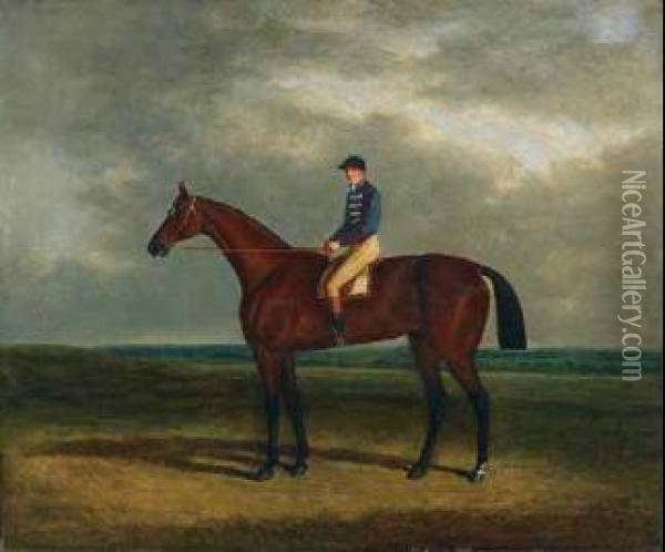 A Chestnut Racehorse With Jockey Up In An Extensive Landscape Oil Painting - John Frederick Herring Snr