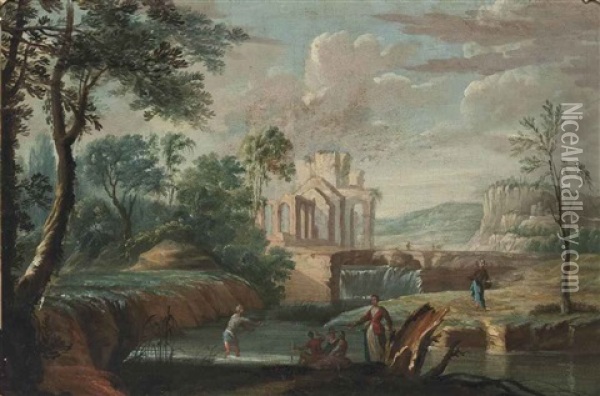 An Extensive River Landscape With Anglers On The Shore, Classical Ruins Beyond Oil Painting - Marco Ricci