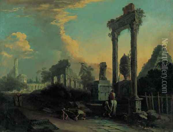 A traveller and peasants by a fountain amongst Roman ruins Oil Painting - Marco Ricci