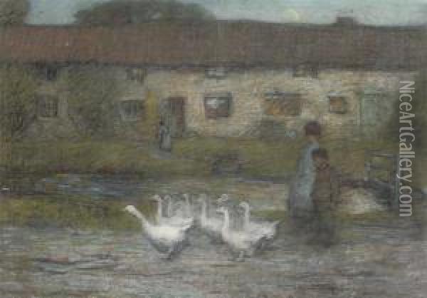 Children And Geese Beside A Stream; And A Kiss Goodnight Oil Painting - Mark Senior