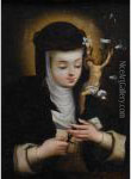 St. Catherine Of Siena With Lilies And A Miniature Crucifix Oil Painting - Bartolome Esteban Murillo