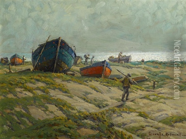 Fishermen And Fishing Boats On The Shore Oil Painting - Granville S. Redmond