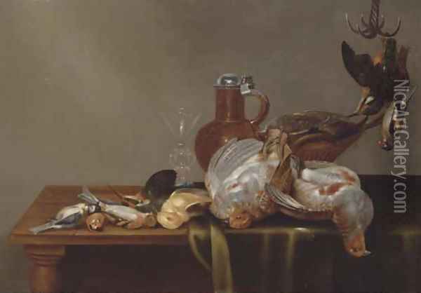 A blue tit, a red finch, a patridge, a kingfisher, and other dead birds on a half draped table, with a glass and silver rimmed jug Oil Painting - Alexander Adriaenssen