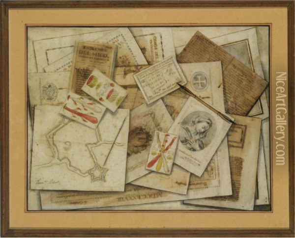 Trompe L'oeil Of Many Items Of Ephemera, Including Tarot Cards, And A Ground Plan Of A Fortification Oil Painting - Francisco Vidal