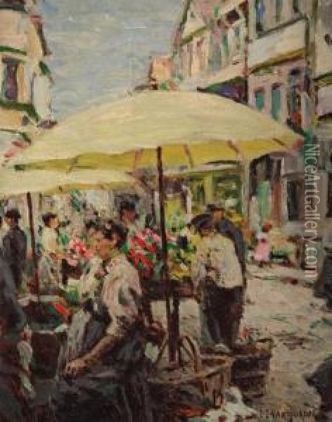 Yellow Market Umbrella, Paris Oil Painting - Luther Emerson Van Gorder