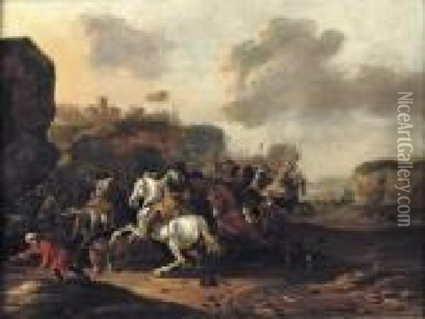 A Cavalry Skirmish In A Rocky Italianate Landscape Oil Painting - Jan Jacobsz. Van Der Stoffe