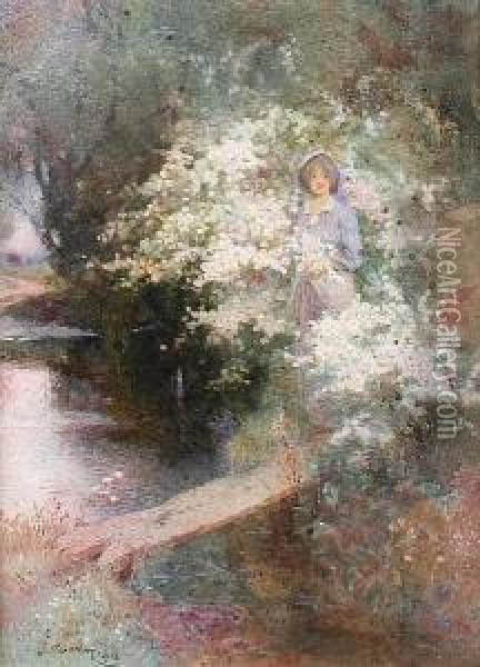 Girl By Hawthorn Blossom At The Water's Edge Oil Painting - Thomas Mackay
