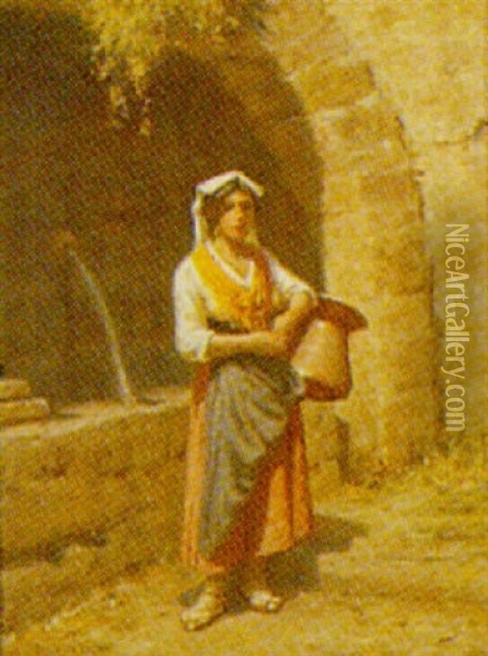Italiensk Pige Med Vandkrukke Ved Fontaine Oil Painting - Niels Frederik Schiottz-Jensen