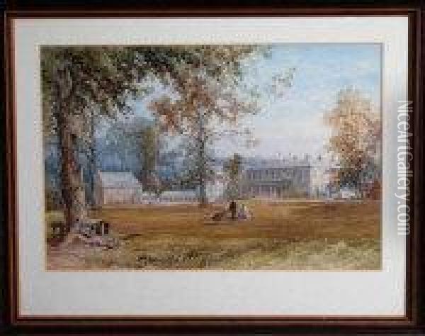 Figures In The Grounds Of A Country House Oil Painting - James Burrell-Smith