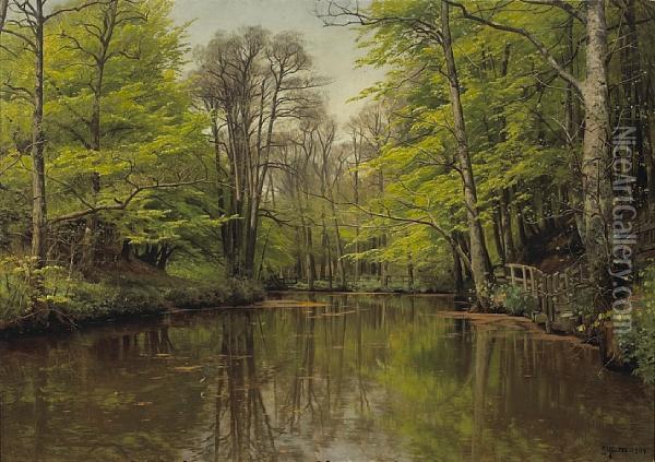 A Tranquil Forest Lake Oil Painting - Peder Mork Monsted