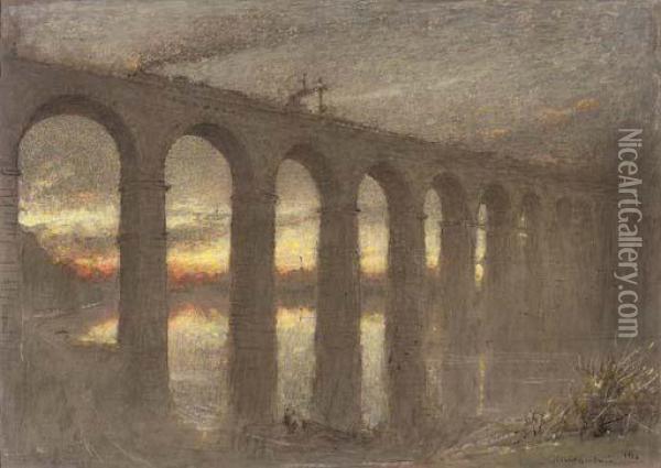 Berwick Bridge, Dawn Oil Painting - Albert Goodwin