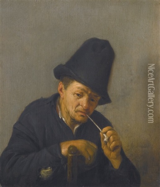 An Old Man With In A Tall Hat Leaning On A Chair Back And Smoking A Clay Pipe Oil Painting - Adriaen Jansz van Ostade