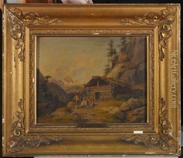 Berglandschaft Mit Personen. 1857. Oil Painting - Johann Philipp Heinel