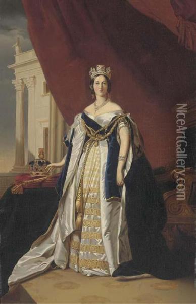 Portrait Of Queen Victoria, Small Full-length, In Coronationrobes Oil Painting - Franz Xavier Winterhalter