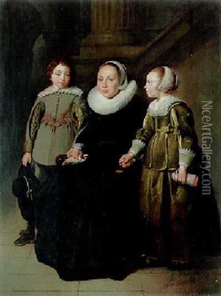 Portrait Of A Lady Seated In A Black Dress With Her Son And Daughter Oil Painting - Thomas De Keyser