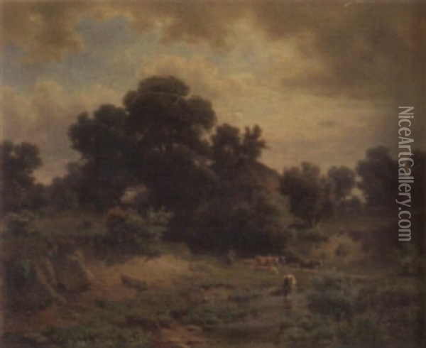 Landschaft Mit Viehherde An Einer Furt Oil Painting - Heinrich Hofer
