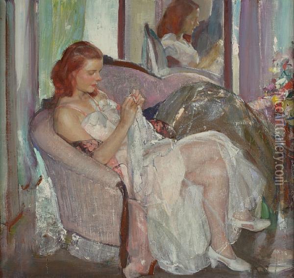 Young Lady Sewing Oil Painting - Richard Emile Miller
