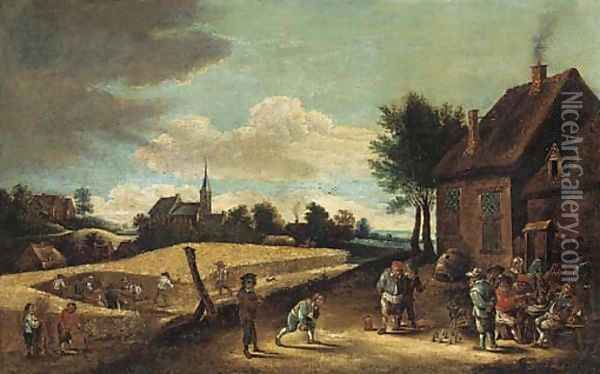 Peasants playing skittles outside an inn with farmhands harvesting in a nearby field Oil Painting - David The Younger Teniers