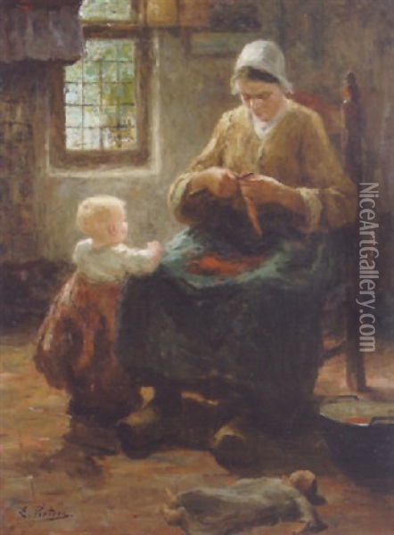 A Mother And Child In An Interior Oil Painting - Evert Pieters