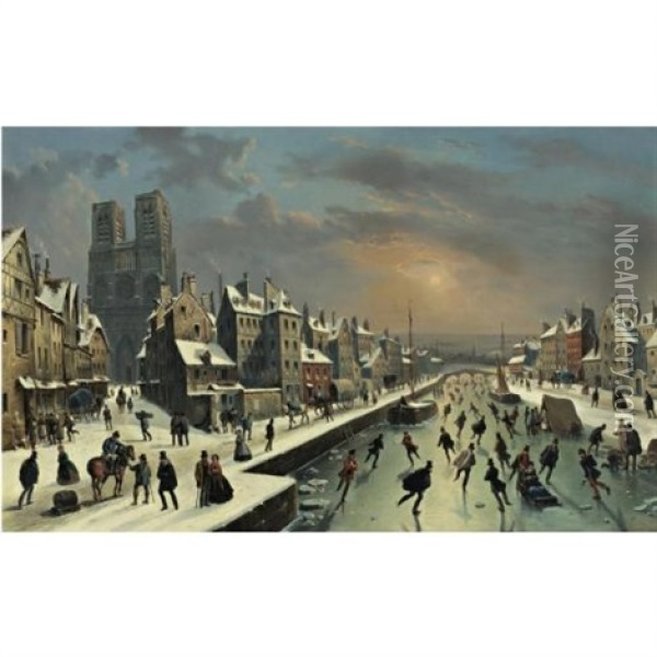 Ice Skating On The Canal Oil Painting - Louis-Claude Malbranche
