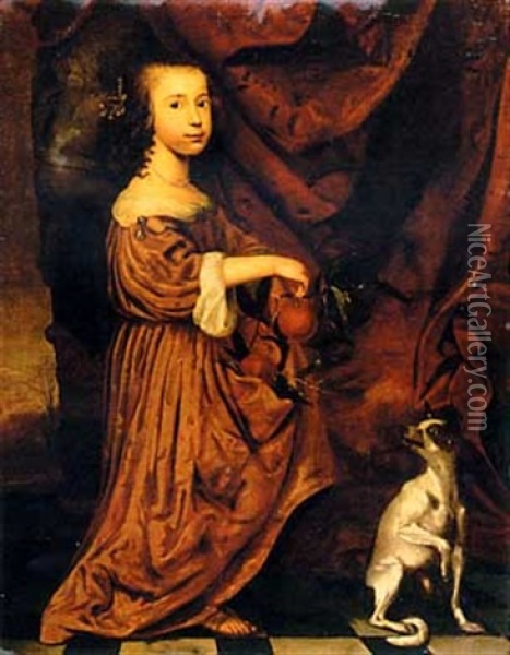 Portrait Of A Young Lady, Full-length, In An Orange Dress, Holding Two Appeltjes Van Oranje In Her Right Hand, Her Dog Beside Her, On A Terrace Oil Painting - Adriaen Cornelisz Beeldemaker