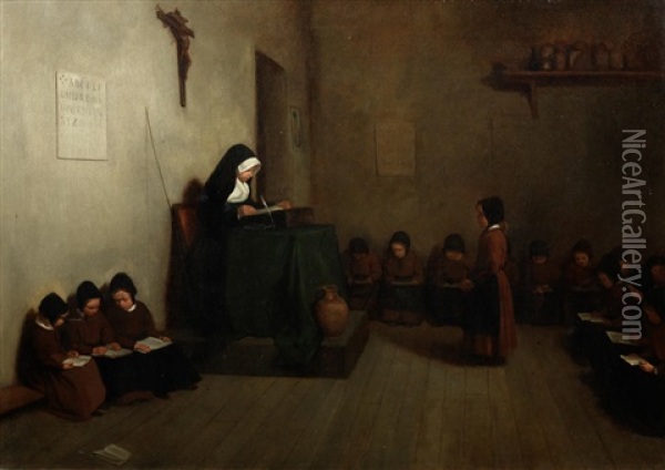 A Convent Classroom Oil Painting - Theophile Emmanuel Duverger