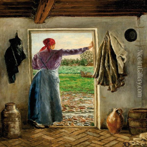 Interior With A Woman In A Doorway Oil Painting - Otto Schondel