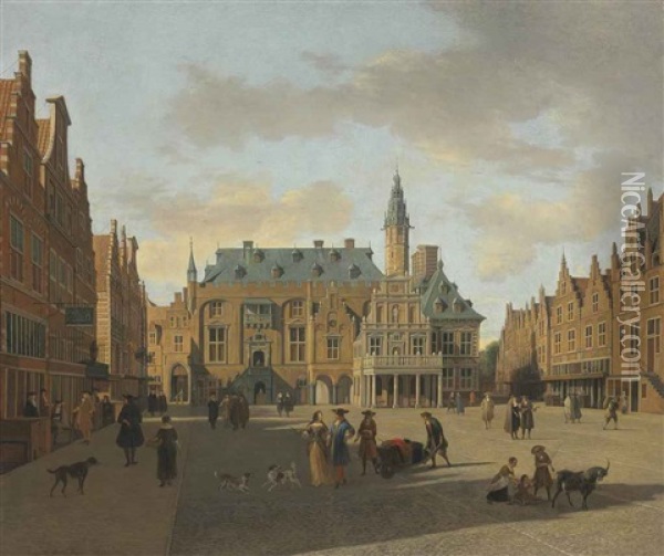 The Grote Markt And Town Hall, Haarlem, Seen From The East Oil Painting - Gerrit Adriaensz Berckheyde
