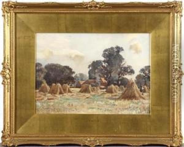 Farmstead With Geese; Corn Stooks Oil Painting - John Gutteridge Sykes