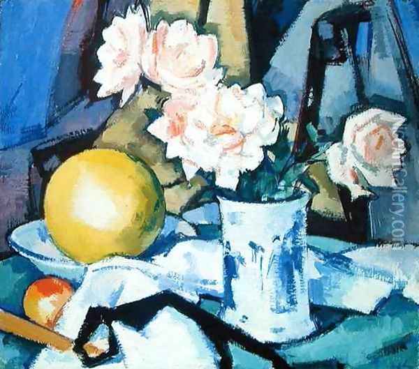 Blue and White Vase, Roses, Melon and Orange Oil Painting - Samuel John Peploe