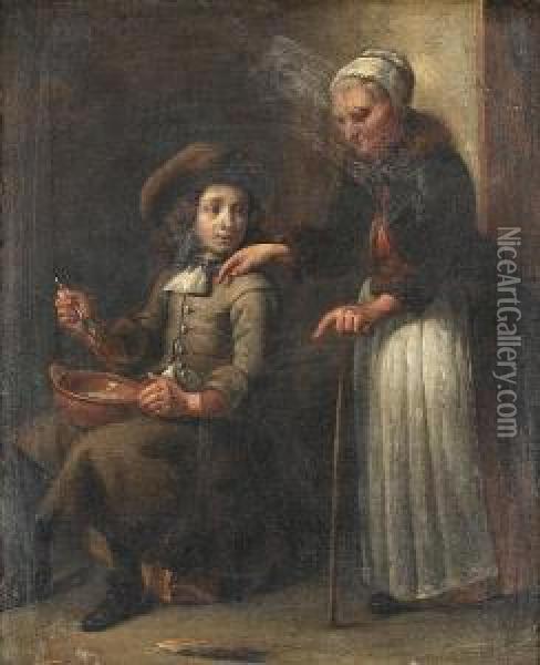 A Peasant Interior With An Old Woman And A Young Boy Eating Oil Painting - Abraham Willemsens