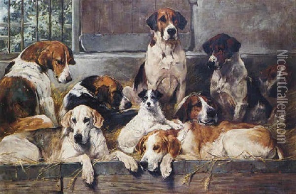 After The Hunt Oil Painting - John Emms