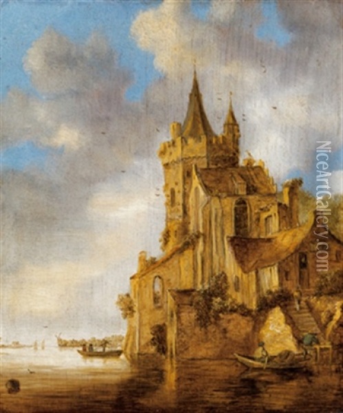 Hauser Und Ein Turm An Einem Fluss Oil Painting - Wouter Knijff