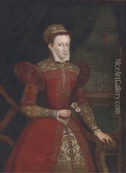 Portrait Of A Lady (mary Queen Of Scots?)  In An Interior Oil Painting - Antonis Mor Van Dashorst