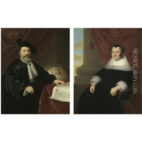 Portrait Of Andries Winius The Elder, Holding A Pair Of Dividers And With His Left Hand Resting On A Map Of Russia (+ Portrait Of His Wife; Pair) Oil Painting - Isaac Luttichuys