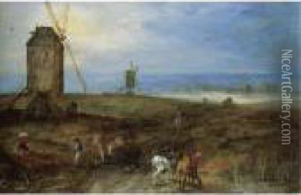 An Open Landscape With Travellers Before A Windmill Oil Painting - Jan Brueghel the Younger