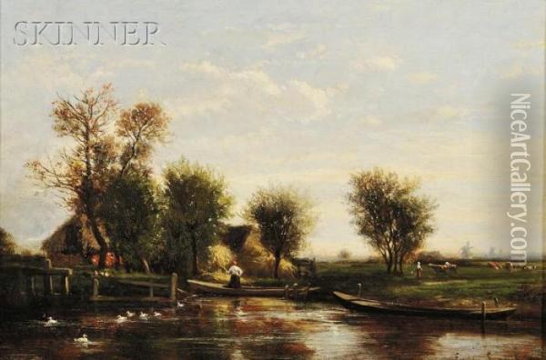 Figures And Punts At A Quiet Landing Oil Painting - Emile Charles Lambinet