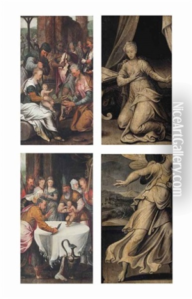 The Adoration Of The Magi (recto) And The Circumcision (recto) And The Annunciation (verso, Across Both Panels) (2 Works) Oil Painting - Pieter Aertsen