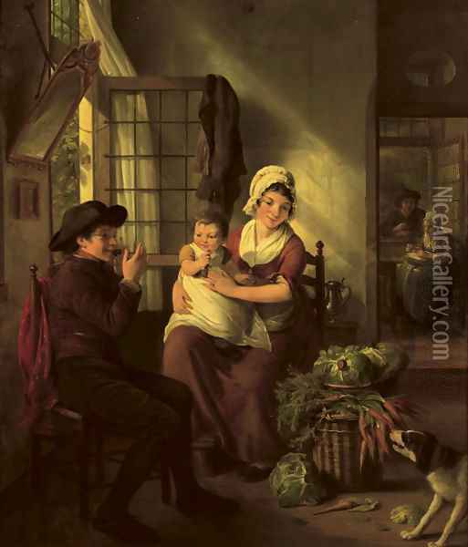 A family in an interior with a dog nearby Oil Painting - Adriaan de Lelie